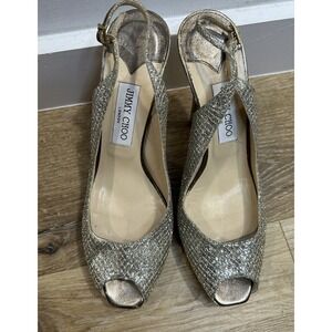Jimmy Choo Gold Glitter Nova /247 Clue‎ Peep Toe Slingback Sandals 40.5